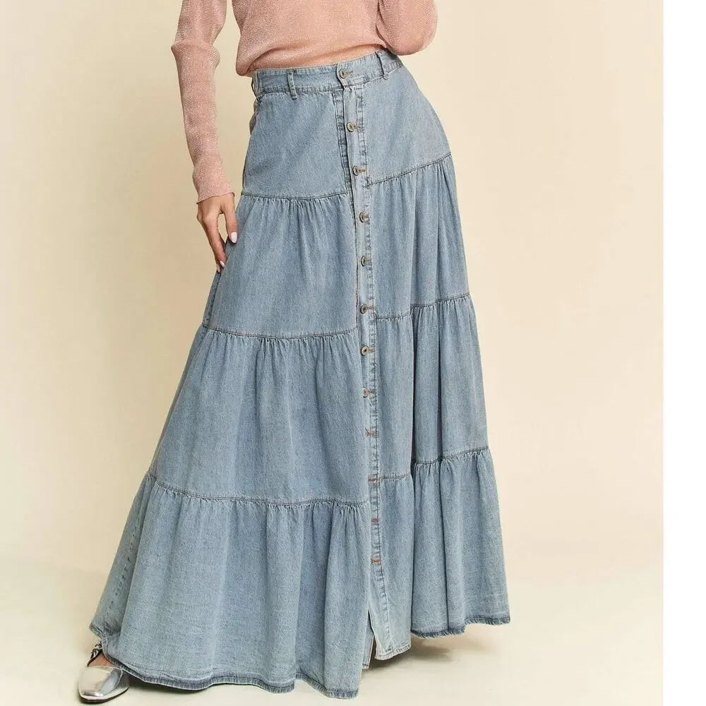 Denim Button-Front Ruffle Hem Maxi Skirt - Picture 7 of 9